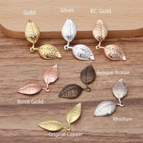 50pcs 13x32mm Gold Color Vintage Double Leaf Pendant Charms European Findings for Necklace Bracelet Brohch Jewelry Making DIY