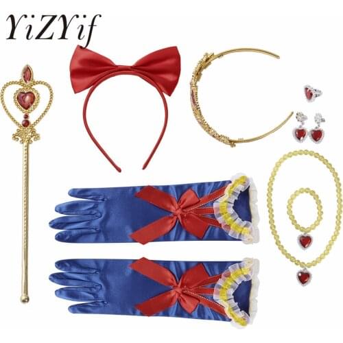 8Pcs Princess Cosplay Accessories Gloves Wand Crown Jewelry Set Girls Elsas Hair Hoop Kid Halloween Snows Queen Cosplay Clothing