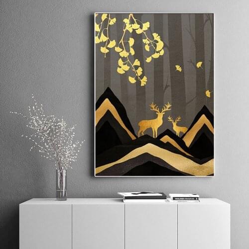Abstract Poster Geometric Animals Canvas Forest Golden Elk Ginkgo Leaves Painting Art Print Wall Picture Living Room Home Decor