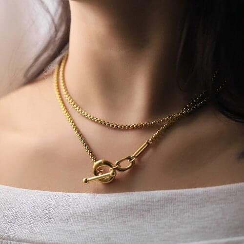 Womens Girls Stainless Steel Box Chain Lariat Necklace Cable Charm TO Clasp Gold Color Necklace Fashion Jewelry Gifts DDN297