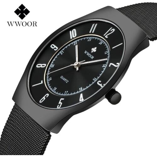 WWOOR Fashion Mens Watches Top Brand Luxury Ultra Thin Quartz Watch Men Steel Mesh Strap Waterproof Gold Watch Relogio Masculino