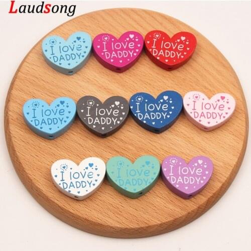 I Love DADDY)10pcs 23*29mm Natural Wood Heart Shape Wooden Beads For Jewelry Making Handmade Findings DIY Jewelry Accessories