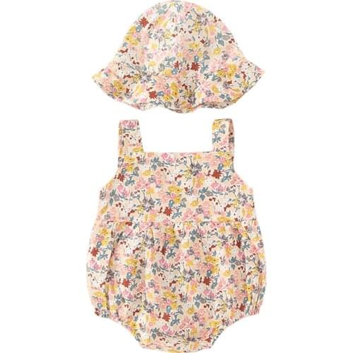 Baby Girls Strap Design Full Little Flowers Print Cotton Triangle Rompers+Hats 2PCS Dressing Summer Rompers