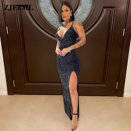 Glitter Sequin Spliced Long Party Dresses Women Sexy Deep V-neck Sleeveless Birthday Dress Elegance Backless Split Robe Femme