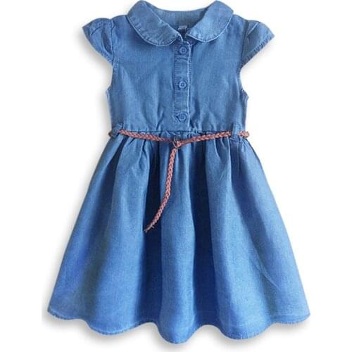 Girls Denim Dress Casual Summer Denim Dresses For Girls Cotton Childrens Dress For Girl Sashes Kids Clothes Princess Dress 2-7Y