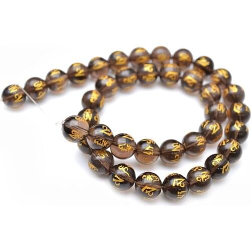 6mm~14mm Natural Smoky Quartz Stone Round Loose Beads Carved Gold Color Words Om Mani Padme Hum Buddhist Jewelry Making Supplies