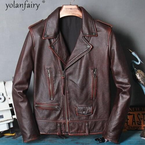 Mens Leather Jacket Spring Autumn 100% Genuine Cow Leather Jacket Men Vintage Motorcycle Leather Coat Short 2021 Hommes Veste