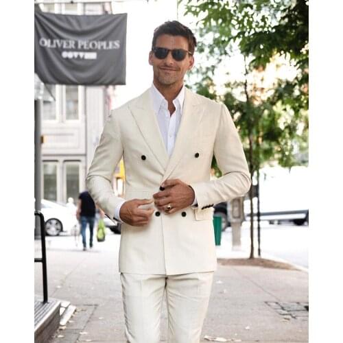 2021 Summer Beige Mens Suits Polyester Blend 2 Piece (Coat+Pants) Peaked Lapel Costume Homme Formal Double-breasted Blazer