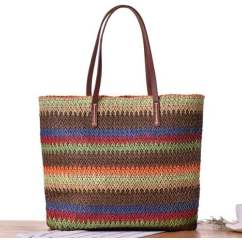 New rainbow hit the color stripes shoulder straw bag beach bag Sen Department of fashion handbags leisure package
