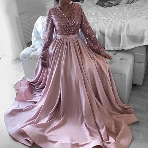 Pink V-Neck Long Sleeve Formal Dress Women Sequin Bodice Satin Skirt A-Line Plus Size Evening Dresses Robe Soiree Dubai