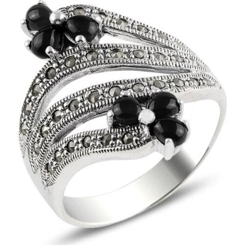 Silver 925 Sterling Onyx & Marcasite Ring