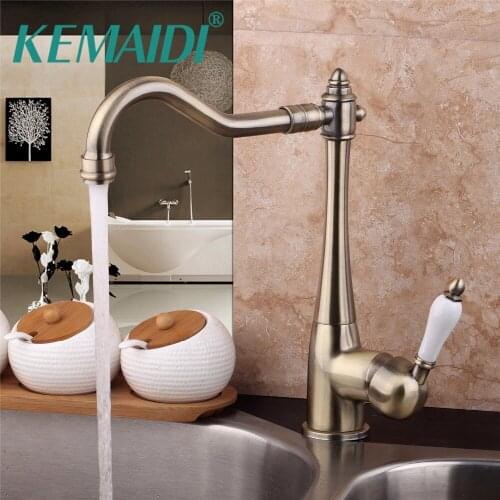 KEMAIDI Luxury 360 Swivel Solid Brass Single Handle Mixer Sink Tap Kitchen Faucet torneira Antique Brass Deck Mounted