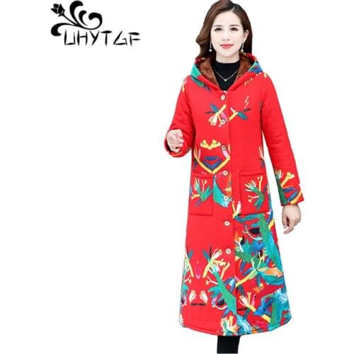 UHYTGF Elegant Mother Winter Cotton Jacket Mid-Length Parker Women Thicken Print Casual Warm Outerwear Loose Plus Size Coat 1452