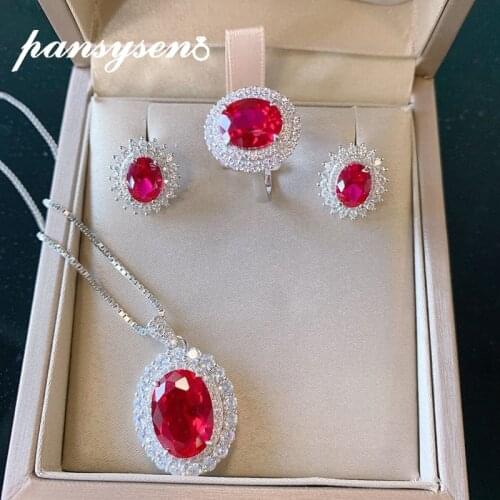 PANSYSEN Vintage Oval Cut Silver 925 Jewelry Ruby Gemstone Pendant Necklace Earrings Ring for Women Fine Jewelry Drop Shipping