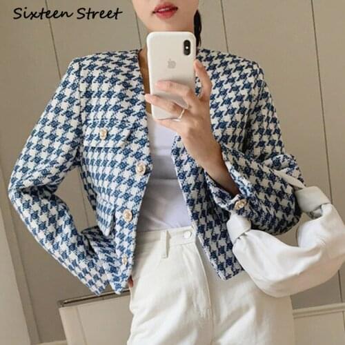 Houndstooth High Quality Wool Chic Korean Fashion Clothing V-neck Single Breasted Elegant Coats and Jackets Women Streetwear