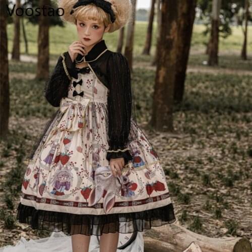 Japanese Gothic Lolita Jsk Dress Girls Vintage Dark Cartoon Rabbit Lolita Sleeveless Dress Women Victorian Cool Punk Party Dress