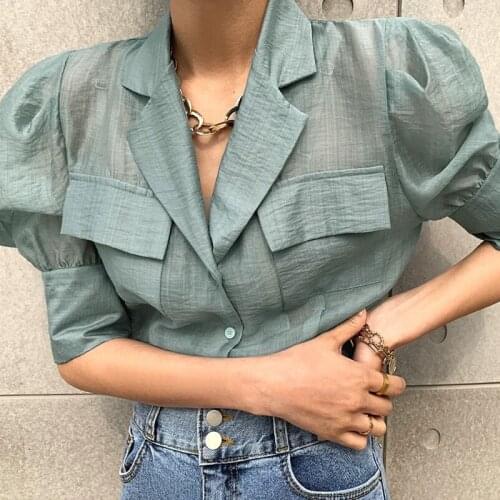Puff Sleeve Suit Collar Shirt 2021 Summer Loose Shirt Korean Fashion Women Tops OL Style Pockets Transparent Thin Blouse 14945