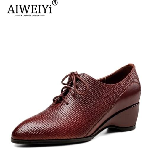 AIWEIYi Spring Autumn Women High Heels Shoes British Style Pointed Toe Leather Shoes Black Lace-Up Loafers Shoes