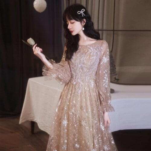 Women Sparkly Sequined Party Gown Elegant Long Sleeve Fairy A-line Tulle Evening Dress Robe De Soiree