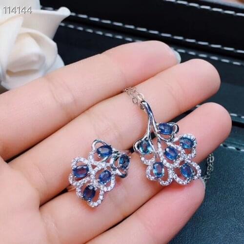 Natural blue sapphire gem Ring Pendant Natural Gemstone Jewelry Set 925 Silver Luxurious Fan Leaves Women party gift jewelry