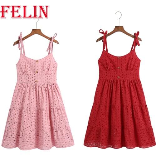 Za 2021 Women Vintage Pure Color Dress Pink Embroidered Cutout Elegant Straight Sling Dress Boho Stylish Summer Vestidos