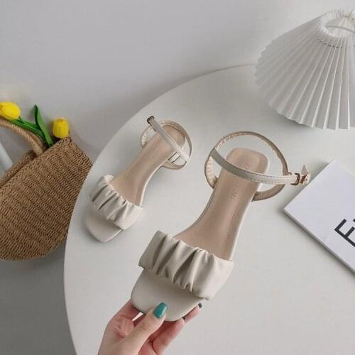 JIO-Store net red thick heel sandals 2021 summer new fairy style pleated word belt casual womens shoes high heels