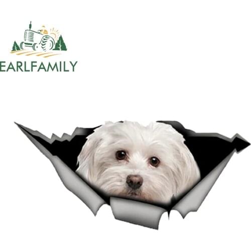 EARLFAMILY 13cm x 6cm Cute Maltese Car Sticker Pet Dog Car Decoration Torn Metal Decal Reflective Sticker Waterproof Car Styling
