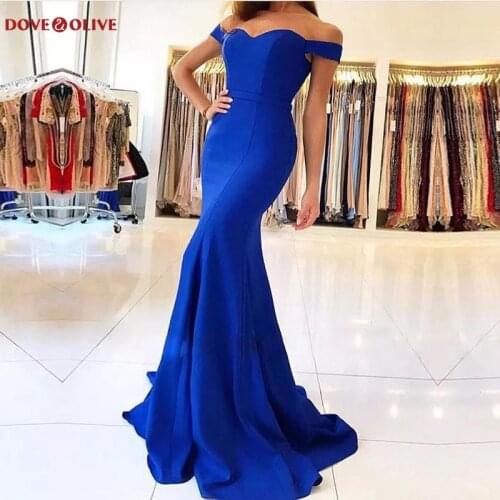 Elegant Long Royal Blue Evening Dresses Mermaid Satin Sweetheart Off Shoulder Sweep Train Prom Gowns Formal Party Women Wear