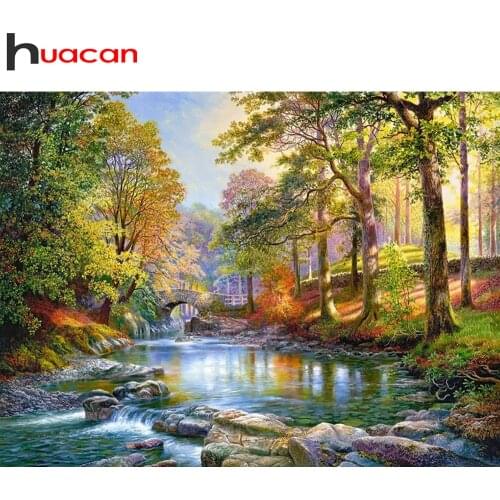 Huacan Diy Diamond Painting Natural Spring Scenery Embroidery River Tree Landscape Mosaic Home Decor Diamond Art