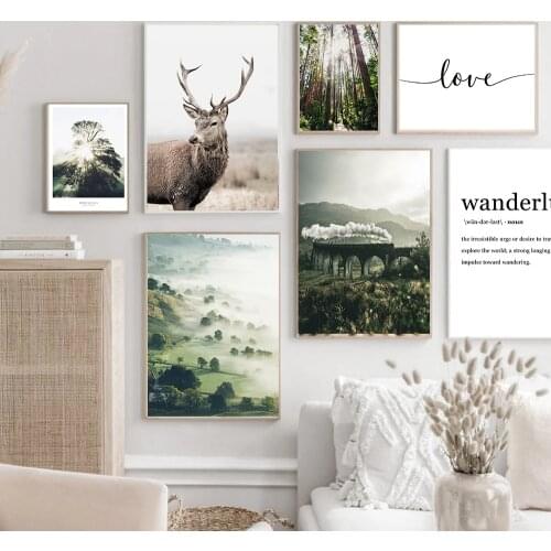 Fall Forest Red Deer Scandinavian Landscape Painting Nordic Morning Scenery Canvas Poster Art Print Wall Pictures Home Decor