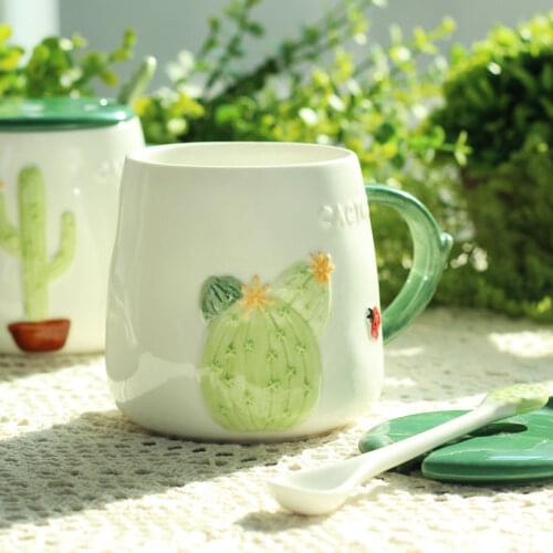 470ml Cactus Creative Ceramic Mug With Lid And Spoon Mug Household Milk Breakfast Water Cup Can Be Microwave Heated