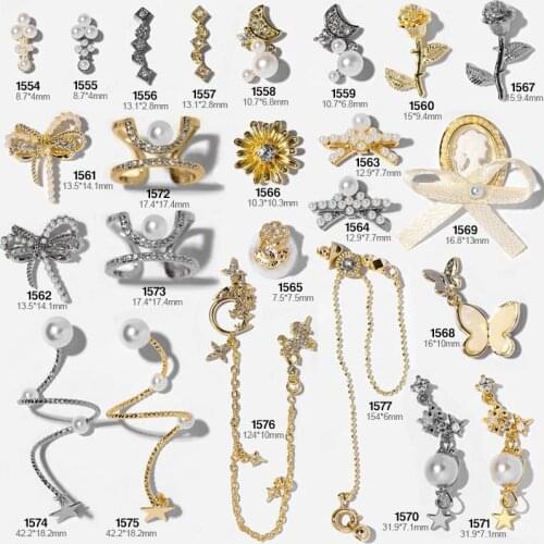 Fashion New Ring Chain Diamond Bowknot Jewelry Super Flash Luxury Pearl Alloy Rhinestone DIY Nail Decoration Accessories