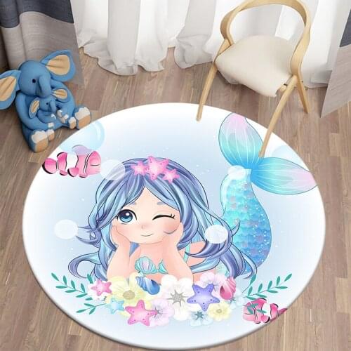 Cartoon Round Carpet Mermaid Unicorn Printed Area Rugs Kitchen Bedroom Carpet Room Decoration Teenager Round Rug