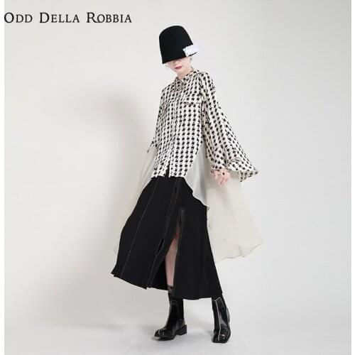 OddDellaRobbia Summer New Style Personalized Fashion Houndstooth Print Shirt Stitching Mid-Length Chiffon Flared Sleeve Top 1969