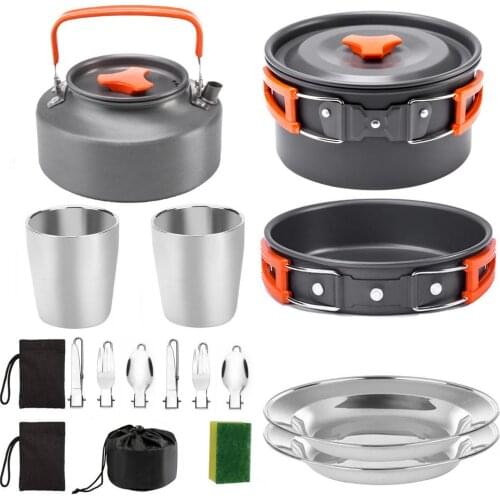 Stainless Steel Portable Pot Picnic Cooking Kit Multifunction Camping Plate Cup Cookware For 2-3 People Outdoor Camping Hiking