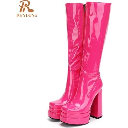 Autumn High Heeled Ladies Stretch Boots Microfiber Leather Platform Knee HIgh Boots with Zipper Party Weddings Pink Women Shoes