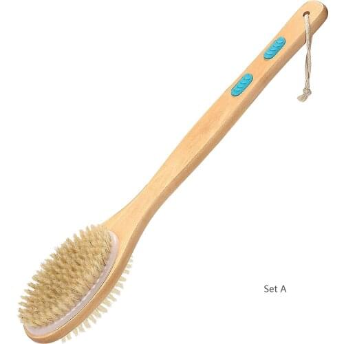 Silicone Non-slip Wooden Bath Brush Long Handle Natural bristle Massage Body massage SPA Double-Sided Wet or Dry Shower Brush