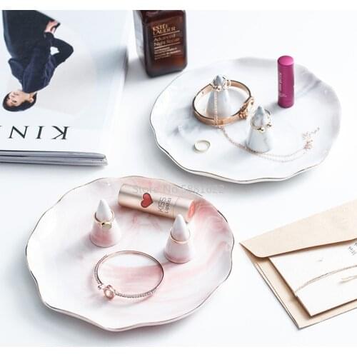 Nordic Marble Gold Ceramic Dish Plate Ring Holder Jewelry Storage Tray Display Stand Makeup Organizer