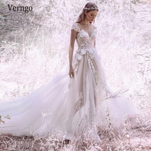 Verngo Flowers Lace Appliques Tulle Wedding Dress Princess A Line Sheer Short Sleeves Bride Dress Princess Wedding Gown