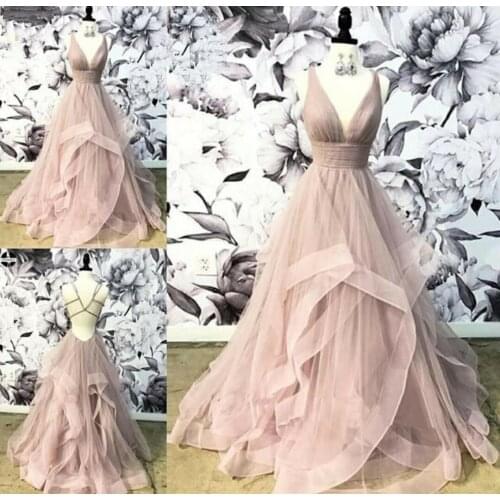 A-Line Dusty Rose V-Neck Long Tulle Prom Dresses Sexy Criss Cross Back Robe De Soiree Floor Length Ruched Formal Party Gown