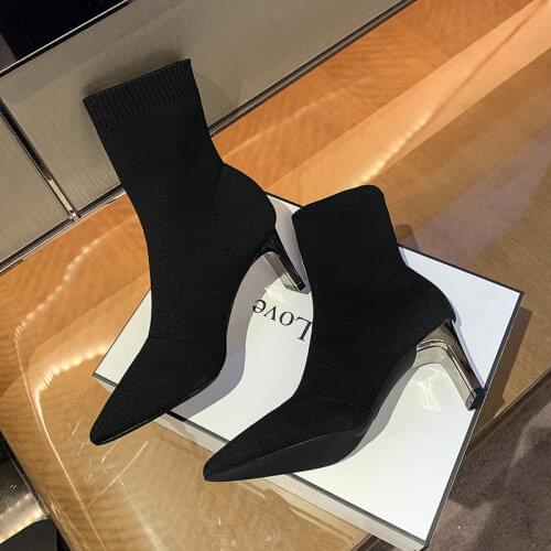 Knitted Boots Womens Elastic Socks Boots Autumn and Winter Single Boots 2020 New Womens Pointed Toe High-heeled Ankle Boots