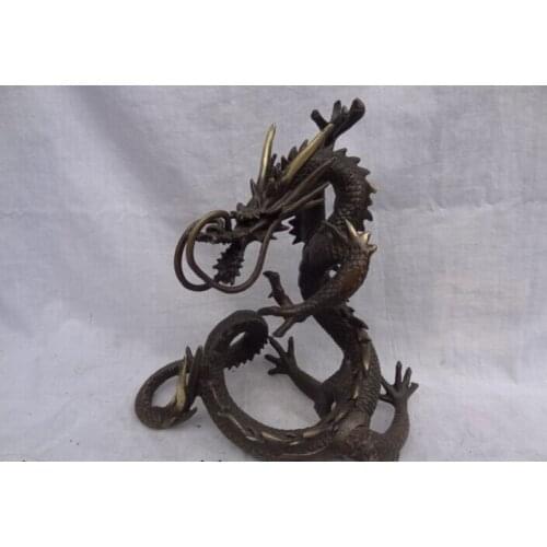 USPS to USA S1530 11" FengShui Chinese Year Zodiac Pure Bronze Wealth Fly Dragon Head Long Statue