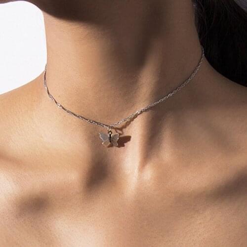 Vintage Butterfly Necklace Metallic Chain Pendant Women Ladies Fashion Jewelry for Valentines Day Gifts Butterfly Necklace