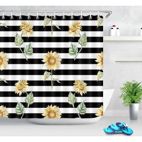 Sunflowers Printed Shower Curtain Durable Waterproof Polyester Fabric Striped Curtain For Bathroom with Hooks large 180x200cm