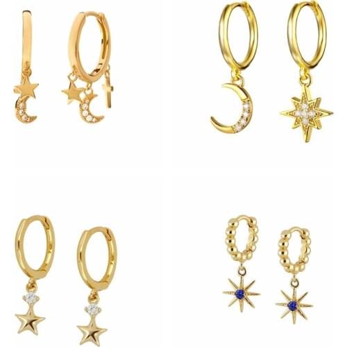 Star luxury 925 Silver Moon Cross Drop Earrings Gold Ins Star Zircon Small Hoop Earrings For Women Korean Jewelry Gift Joyero CZ