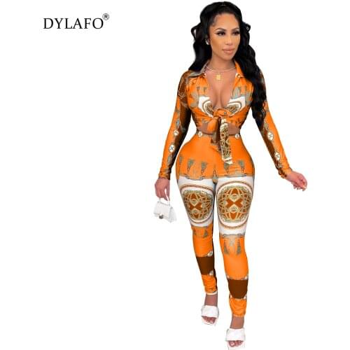 Sexy Lapel Lace Up Fashion Outfits Women Long Sleeve Sexy Digital Positioning Print Tight Pants Women Two Piece Set Sweatsuits