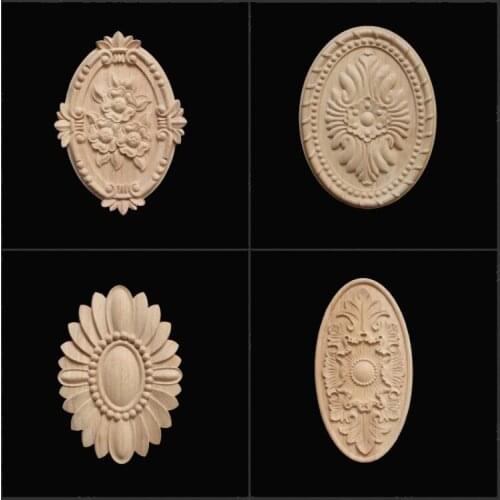10PCS Woodcarving Flower Carved Wood Applique Patch European Round Flower Decoration Flower Cabinet Natural Wood Appliques