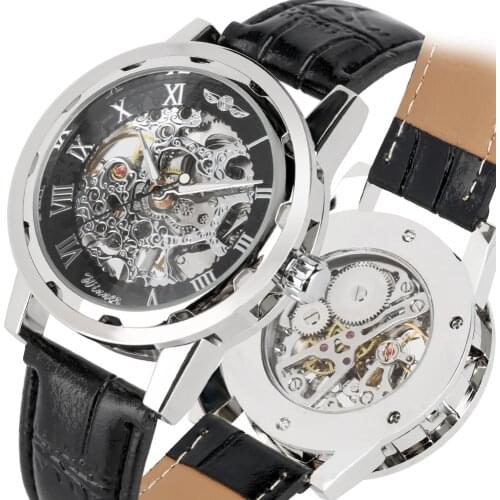 Business Skeleton Watch Mechanical Silver Case Genuine Leather Timepiece Casual Hand-Wind Watches for menreloj hombre