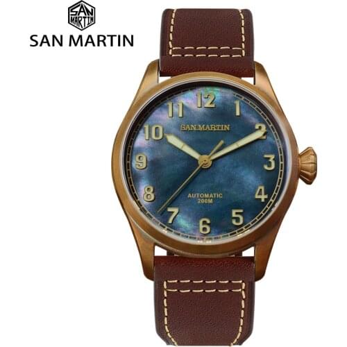 San Martin Watches Men Watch Retro Diver CuSn8 Bronze Automatic Mechanical Watch Rubber Sapphire See-through Case Back Luminous