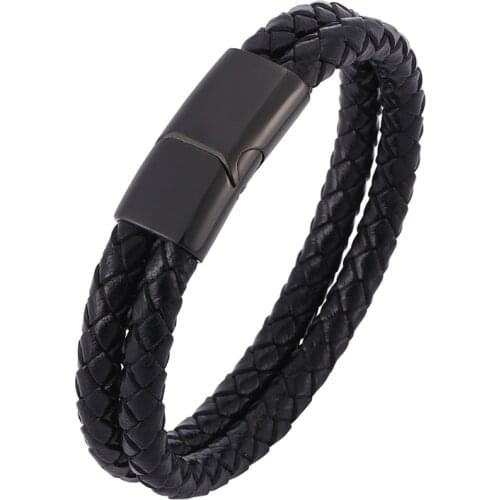 Punk Black Double Braided Leather Bracelet Man Popular Men Jewelry Stainless Steel Magnetic Clasp Male Wristband Gifts PD0507